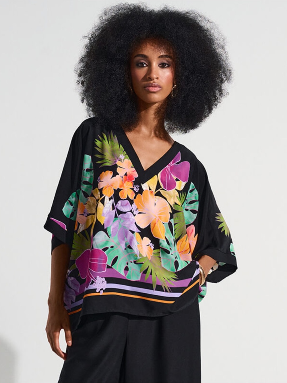 Joseph Ribkoff Black/Multi Floral Print Boxy Top Size Large NWT